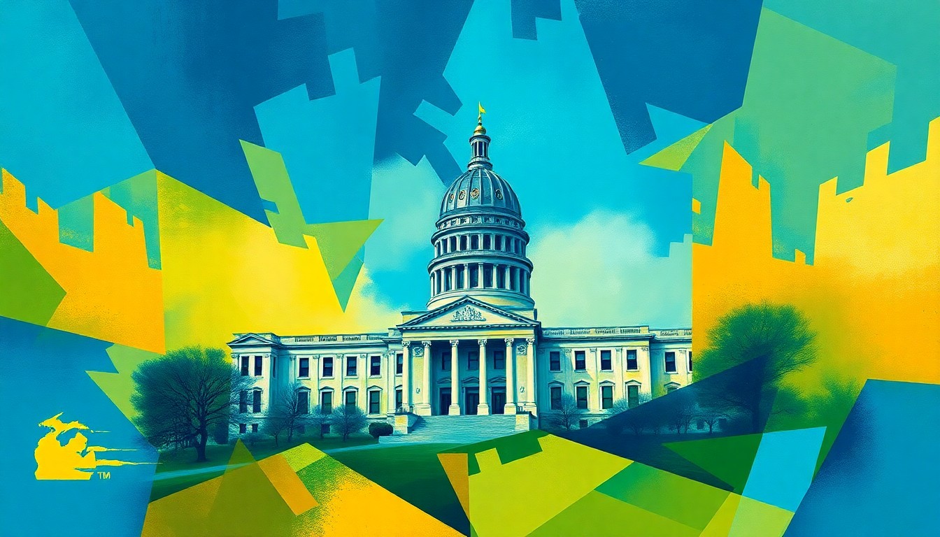A vibrant, abstract painting featuring the Michigan state capitol building rendered in fractured, overlapping geometric shapes and waves of color, conceptually representing the dynamic and uncertain nature of the upcoming vote on a potential constitutional convention.