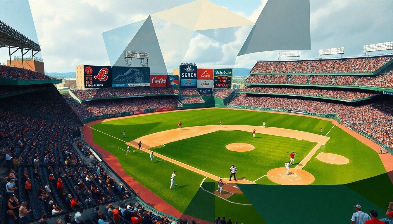 A cubist-style painting depicting a baseball game broken down into overlapping geometric shapes and planes, conveying the dynamic action and energy of the contest.