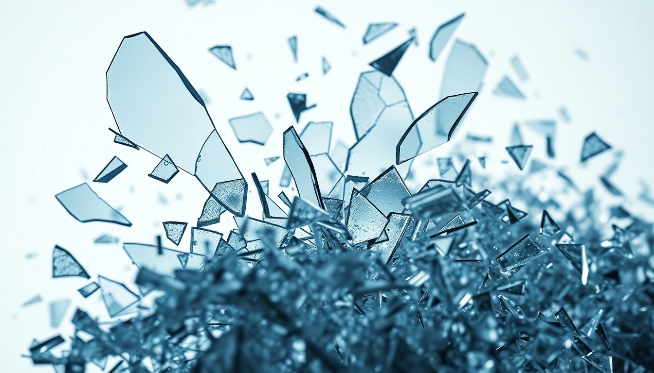An abstract close-up image of shattered glass shards reflecting dramatic studio lighting, conveying a sense of disruption and fragmentation without depicting any specific people or objects.