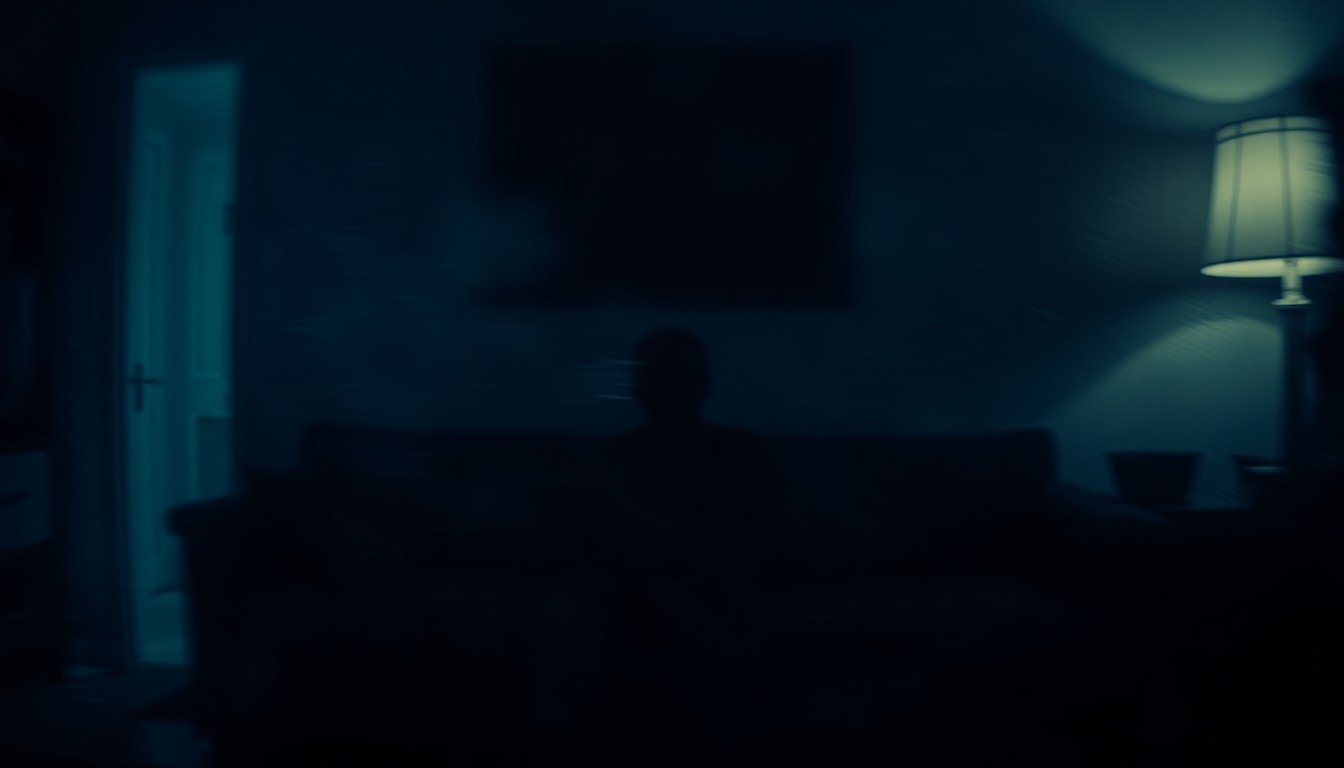 An extremely blurred and abstracted indoor scene, with a faint silhouette of a person sitting on a couch, conveying the hidden and obscured nature of homelessness in Idaho.