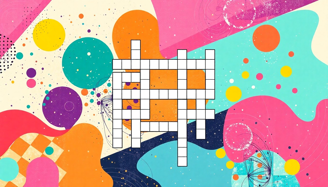A dynamic, abstract illustration featuring bold, geometric shapes and patterns in a vibrant color palette, representing the thrill and challenge of solving a crossword puzzle.