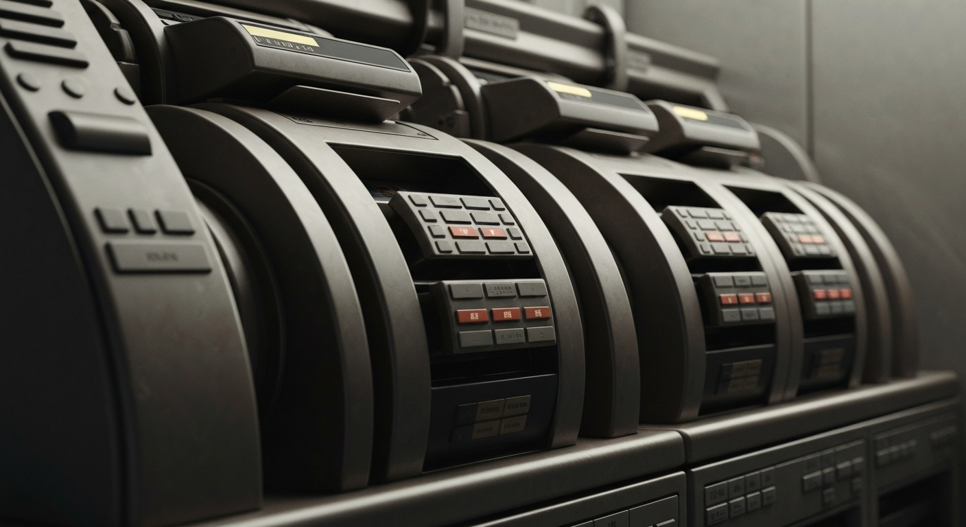 A highly detailed, cinematic close-up of the inner workings of industrial banking equipment, conveying a sense of the heavy, physical nature of financial institutions and the machinery that supports them.