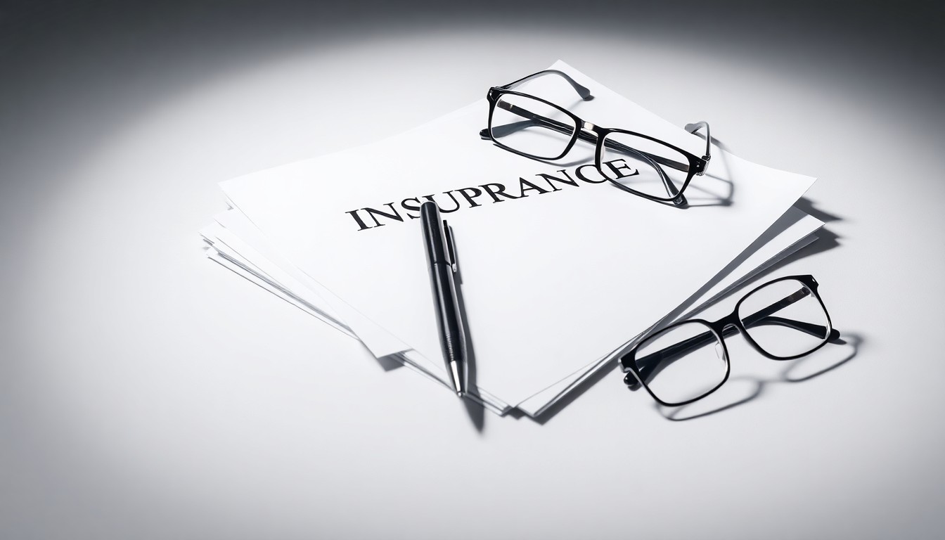 A high-end, photorealistic studio still-life photograph featuring a stack of insurance policy documents, a pen, and a pair of reading glasses arranged elegantly on a clean, white seamless background, conceptually representing the abstract concepts of corporate strategy, finance, and risk management in the insurance industry.
