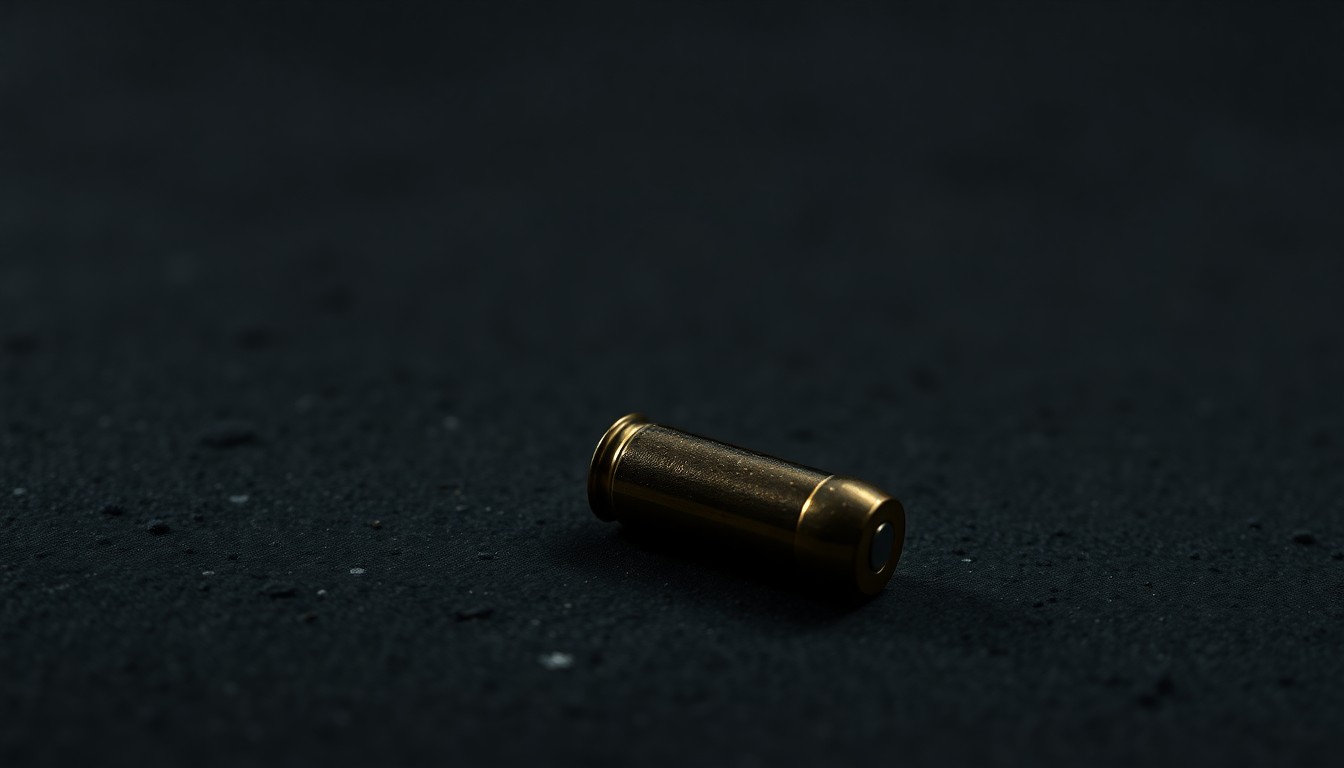 An extreme close-up photograph of a single spent bullet casing on a dark concrete surface, lit by a harsh camera flash, conceptually representing the aftermath of a violent crime.