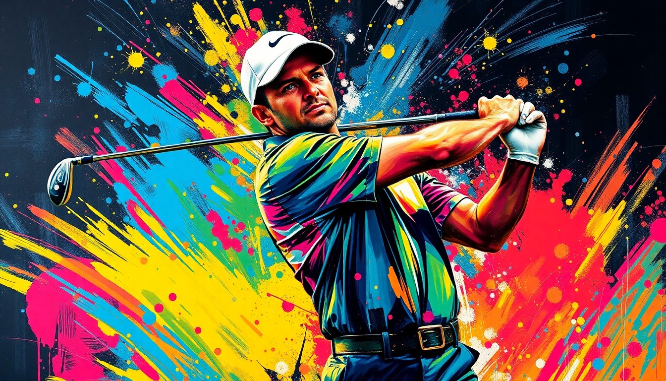 An abstract, expressionist painting featuring bold, neon-colored brushstrokes that convey the dynamic motion and raw power of a professional golfer's swing, without any identifiable features.