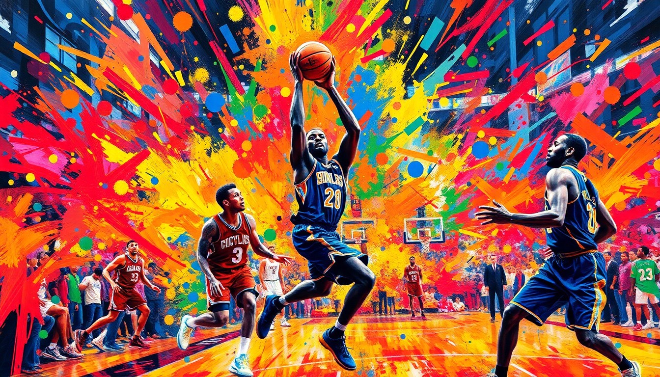 An abstract, energetic painting featuring bold, neon-colored brushstrokes and fragmented basketball player forms, conveying the intensity and emotion of an NBA playoff game.