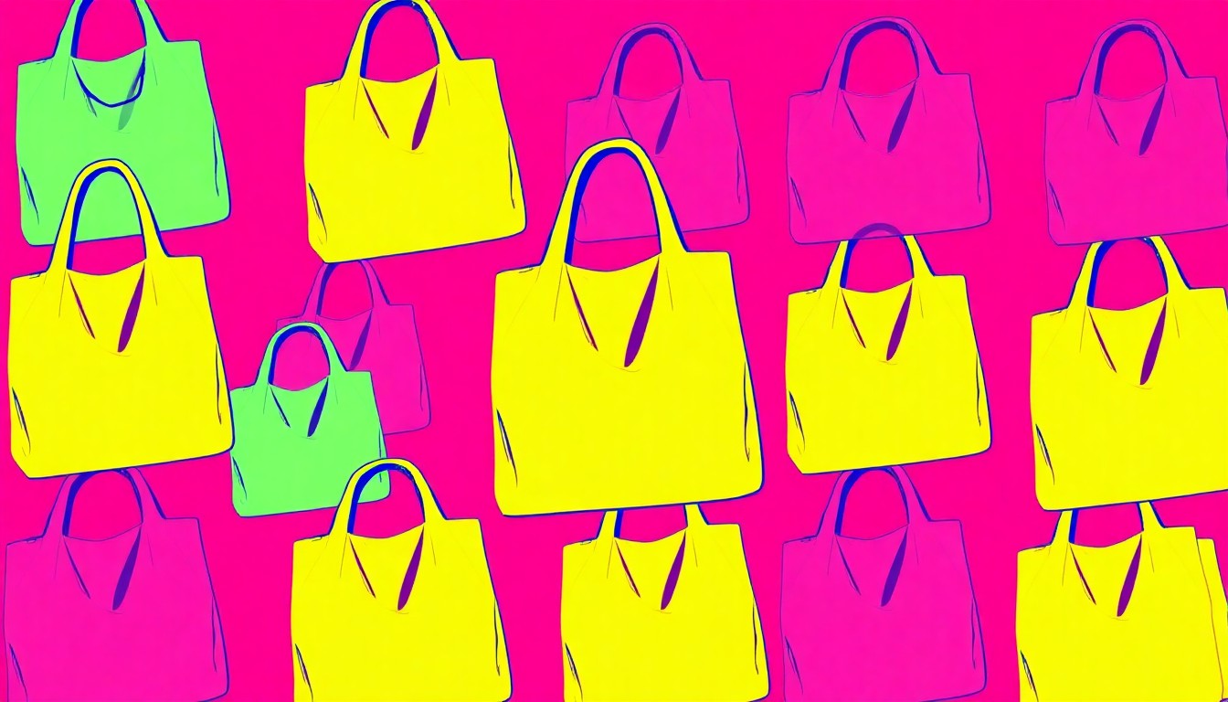 A highly stylized, abstract image composed of repeating, brightly colored silkscreen patterns of a reusable grocery bag, conceptually representing the joyful energy and community spirit of a local retail milestone.