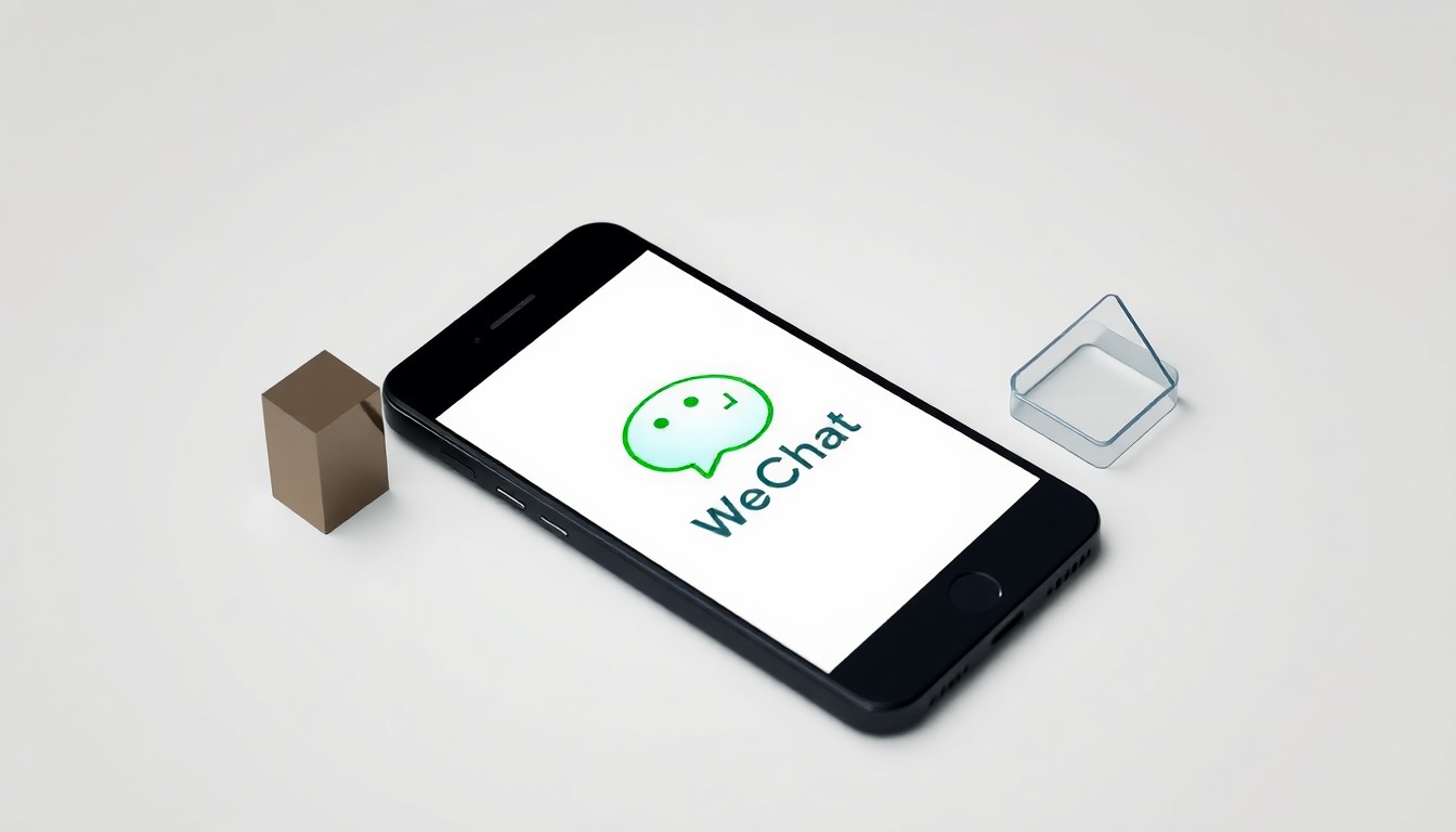 A minimalist, high-contrast studio photograph featuring a sleek black smartphone with the WeChat logo prominently displayed, surrounded by simple geometric shapes made of polished metal and glass, conveying the abstract concepts of security, trust, and risk in the context of acquiring digital assets.