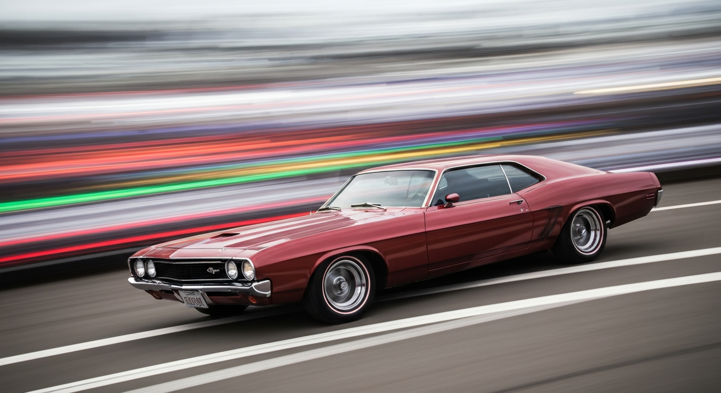 An abstract, colorful image depicting a vintage American muscle car in motion, with the car's form blurred into sweeping, vibrant streaks, conveying the energy and dynamism of the automotive industry.