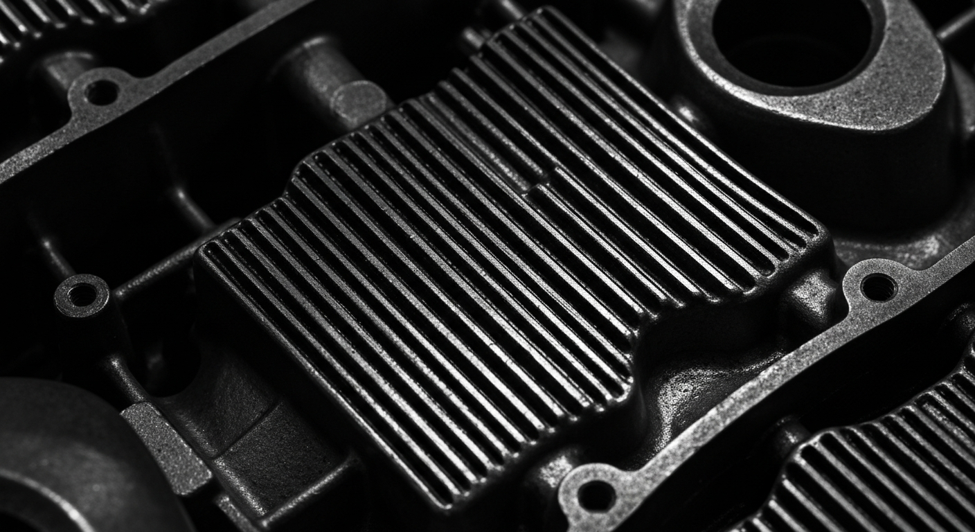 An extreme close-up of a car engine block, with the raw, pebbled metal surface filling the frame and reflecting dramatic lighting, conceptually representing the complex and evolving nature of the automotive repair industry.