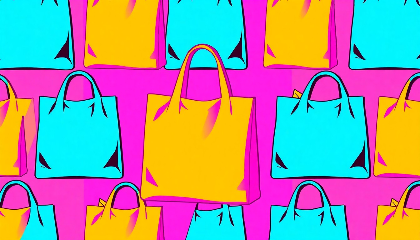 A brightly colored, high-contrast silkscreen print of a reusable grocery bag or organic produce item repeated in a tight grid pattern, conceptually representing the iconic lifestyle products and community-focused mission of Rainbow Grocery Cooperative.