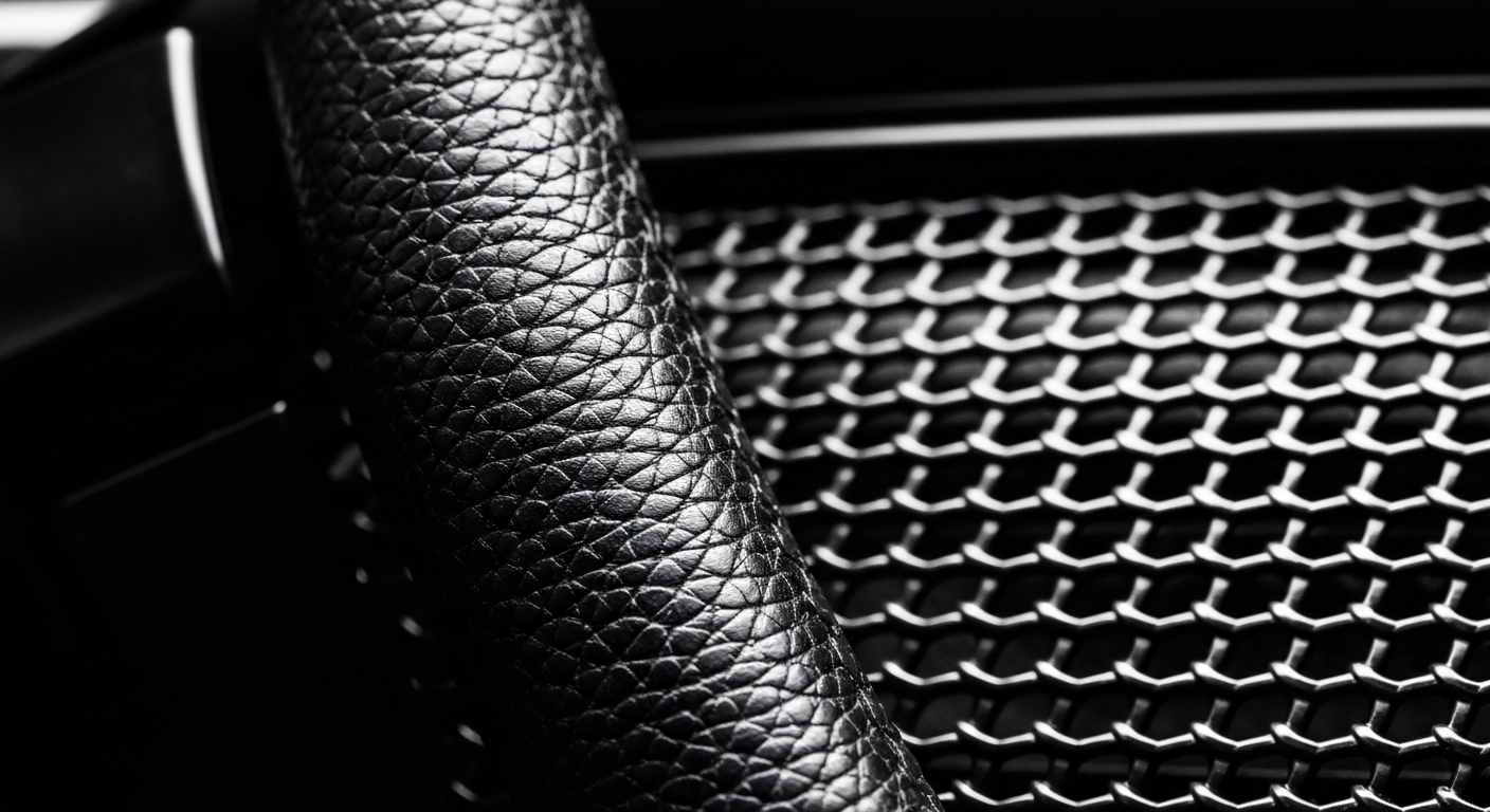 An extreme close-up of a highly textured car part, such as a pebbled leather steering wheel or a woven mesh grill, captured in dramatic lighting to highlight the raw materials and craftsmanship of automotive manufacturing.