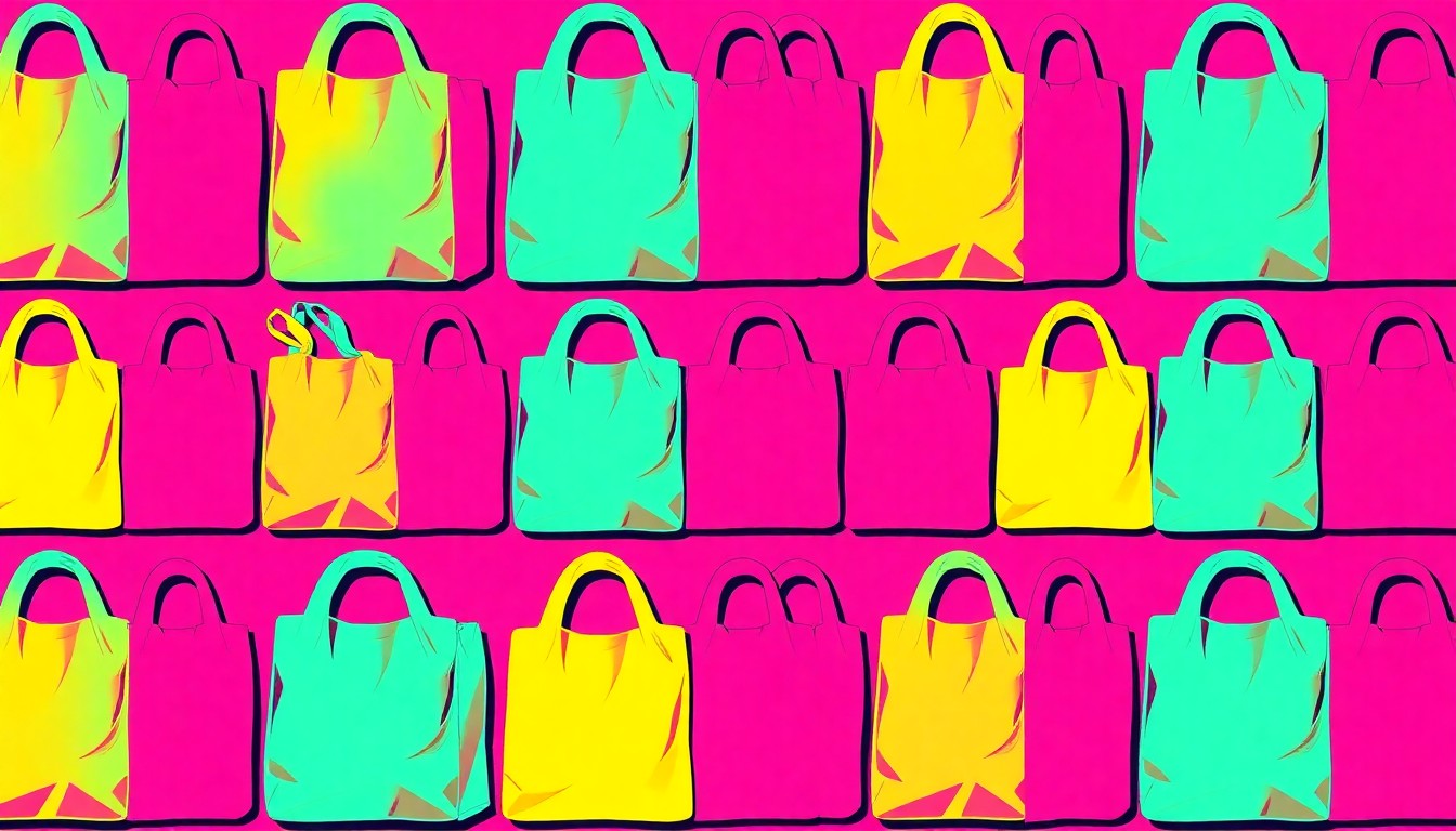 A brightly colored, high-contrast silkscreen print of various natural grocery items like fruits, vegetables, and personal care products repeated in a tight grid pattern, conceptually representing the diverse product offerings and community-focused values of Rainbow Grocery Cooperative.