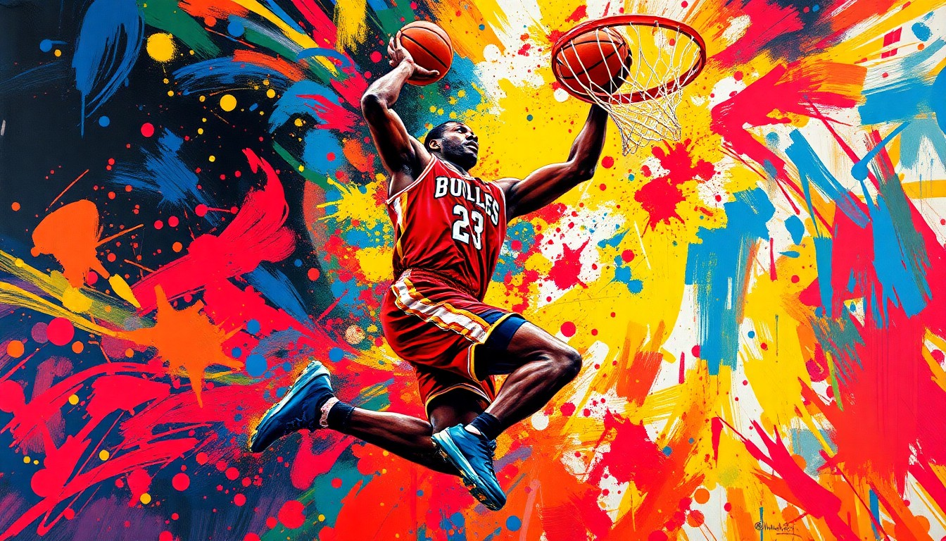 A vibrant, expressionist painting in neon colors captures the raw energy and power of Victor Wembanyama driving to the basket, his towering figure dissolving into unrecognizable brushstrokes.