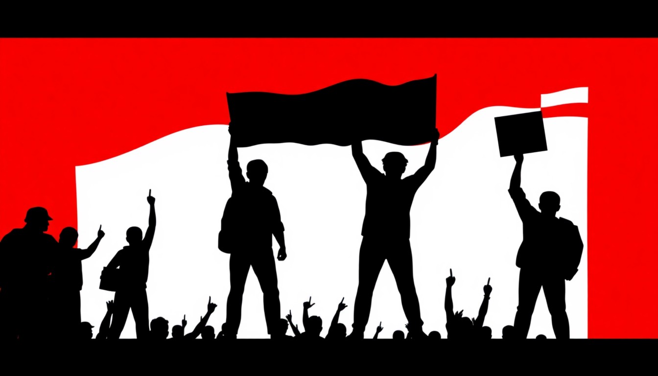 An abstract graphic illustration using bold, jagged black silhouettes and high-contrast solid colors like red and white to conceptually represent the idea of political protest and resistance against foreign intervention.