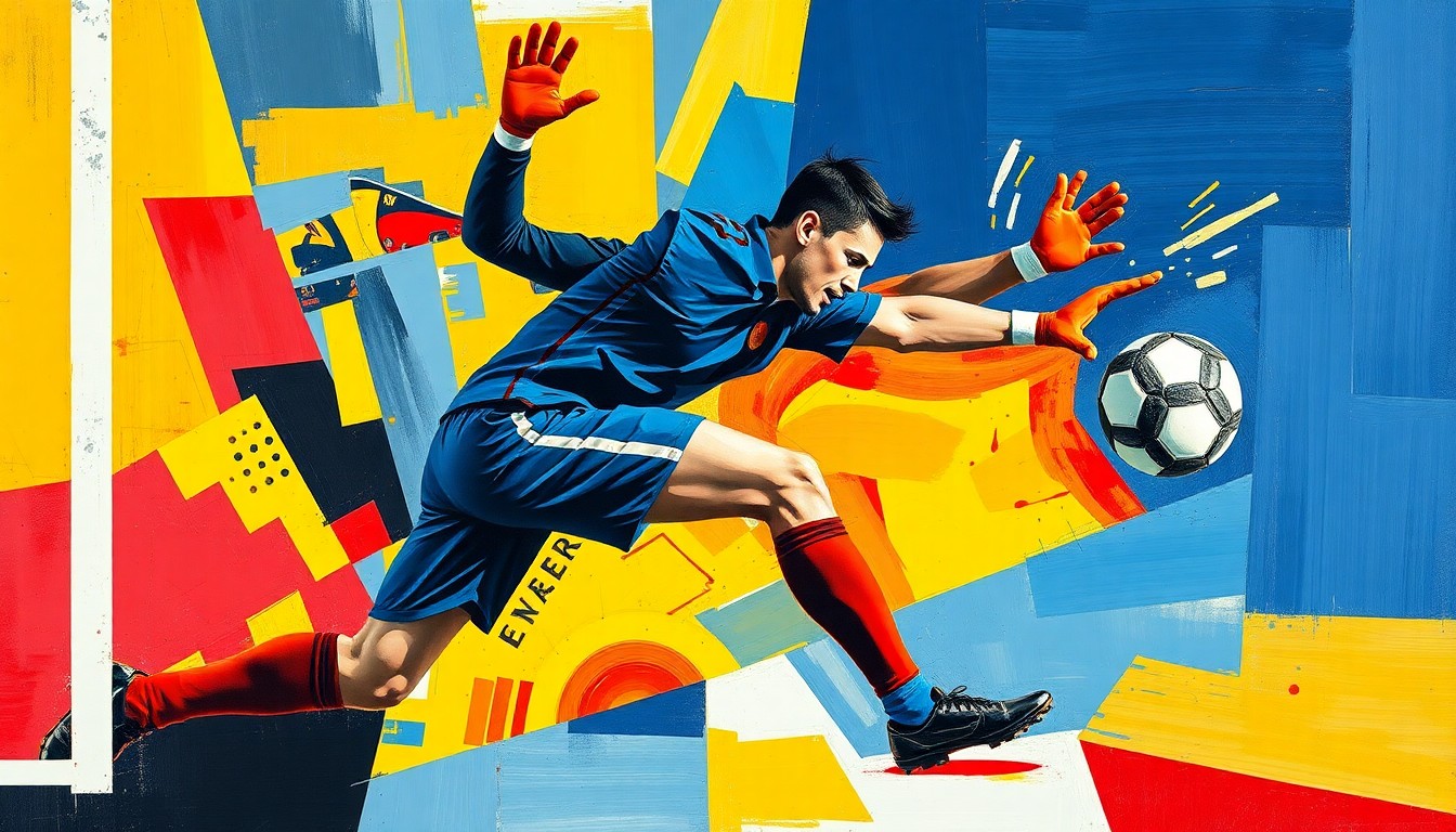 A fractured, cubist-style painting depicting the dynamic movements of a soccer goalkeeper, with sharp geometric planes in vibrant colors conveying the intensity and complexity of the subject's career.