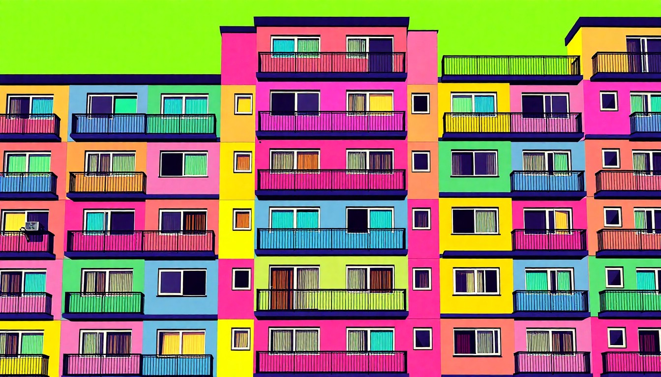 A brightly colored, high-contrast silkscreen print of a minimalist apartment building facade repeated in a tight grid pattern, using bold neon colors and heavy black outlines to create a modern pop art representation of the Cahaya Lestari Gading residential development.