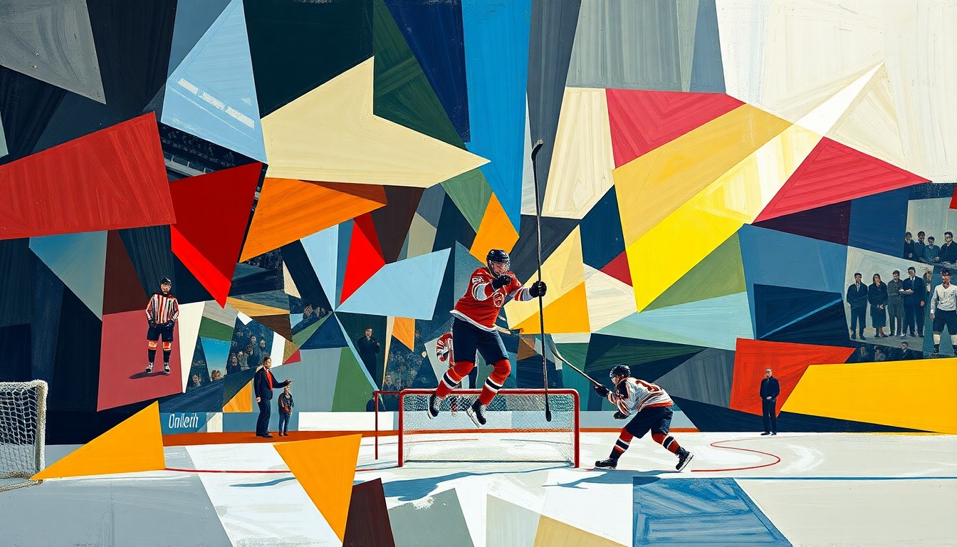 A cubist, geometric painting depicting the overtime game-winning goal by Canadiens forward Juraj Slafkovsky, with sharp, overlapping planes of color capturing the dynamic movement and energy of the play.