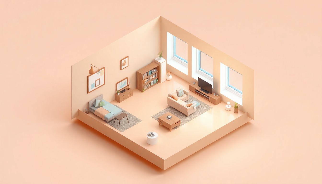 A clean, modern 3D illustration depicting a stylized loft conversion, with a cozy home office, a new bedroom, and an open-living area, all floating on a pastel background and using bold colors and soft lighting to convey the transformation of an unused attic.