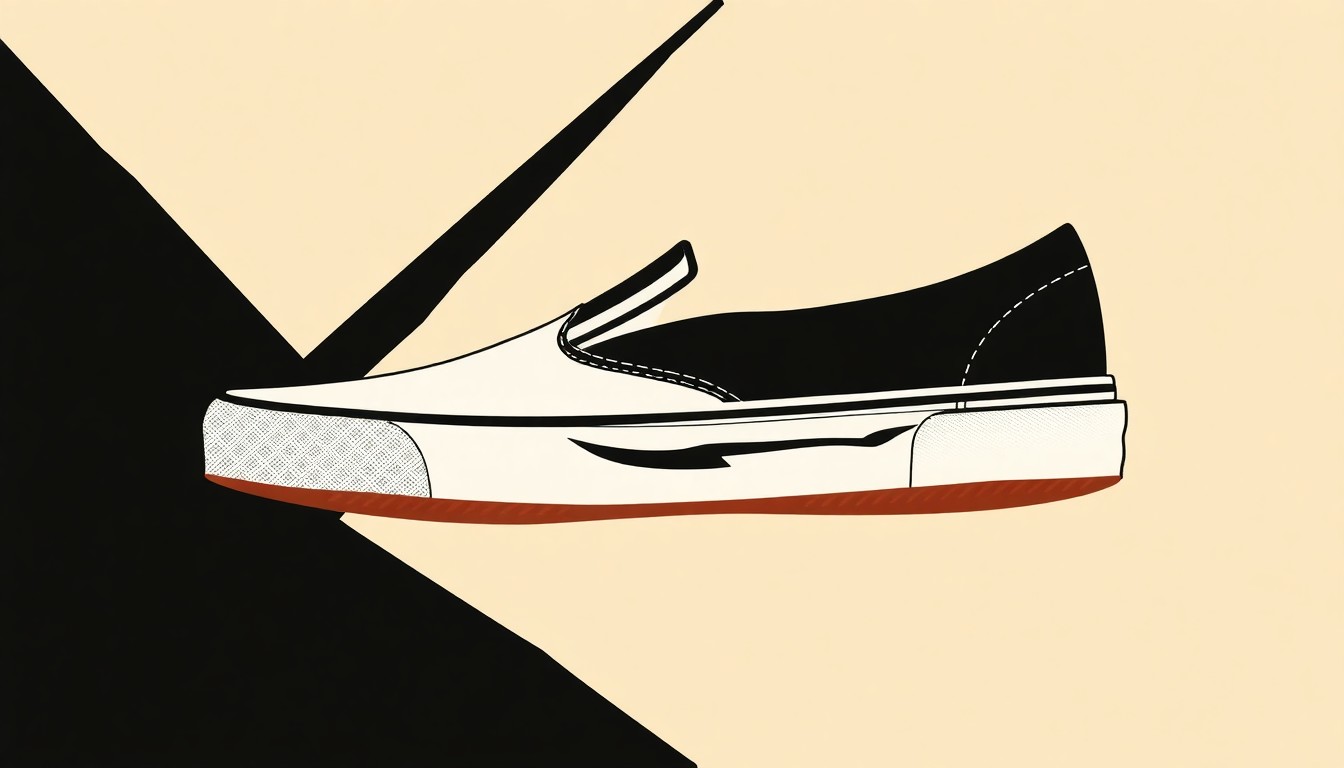 A minimalist, abstract illustration featuring bold, jagged shapes in black, white, and tan, conceptually representing the iconic Vans Gum Sole Slip-On shoe.