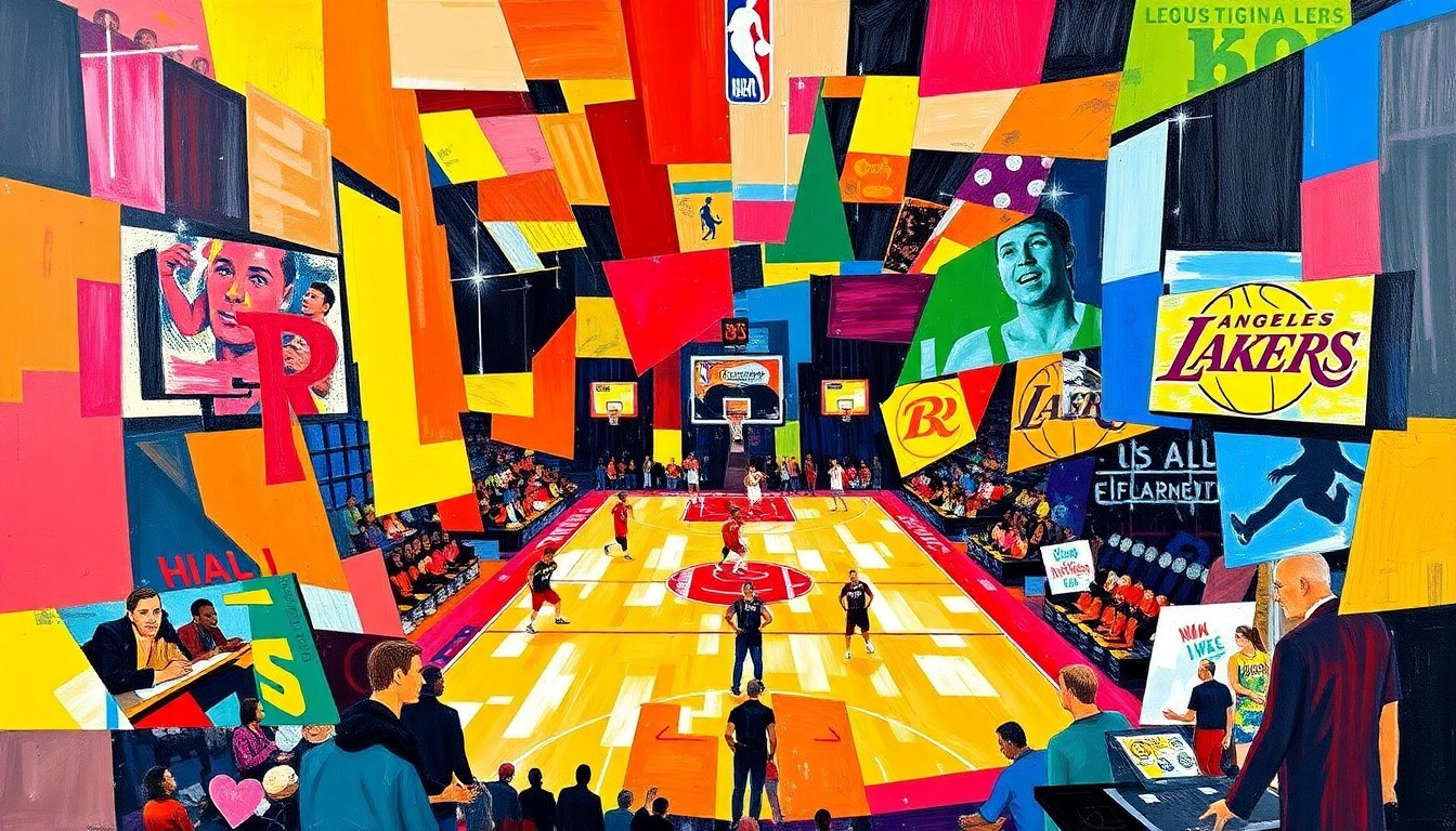 A cubist, geometric painting depicting a basketball game between the Houston Rockets and Los Angeles Lakers, with the players and action broken down into sharp, overlapping shapes and planes of color.