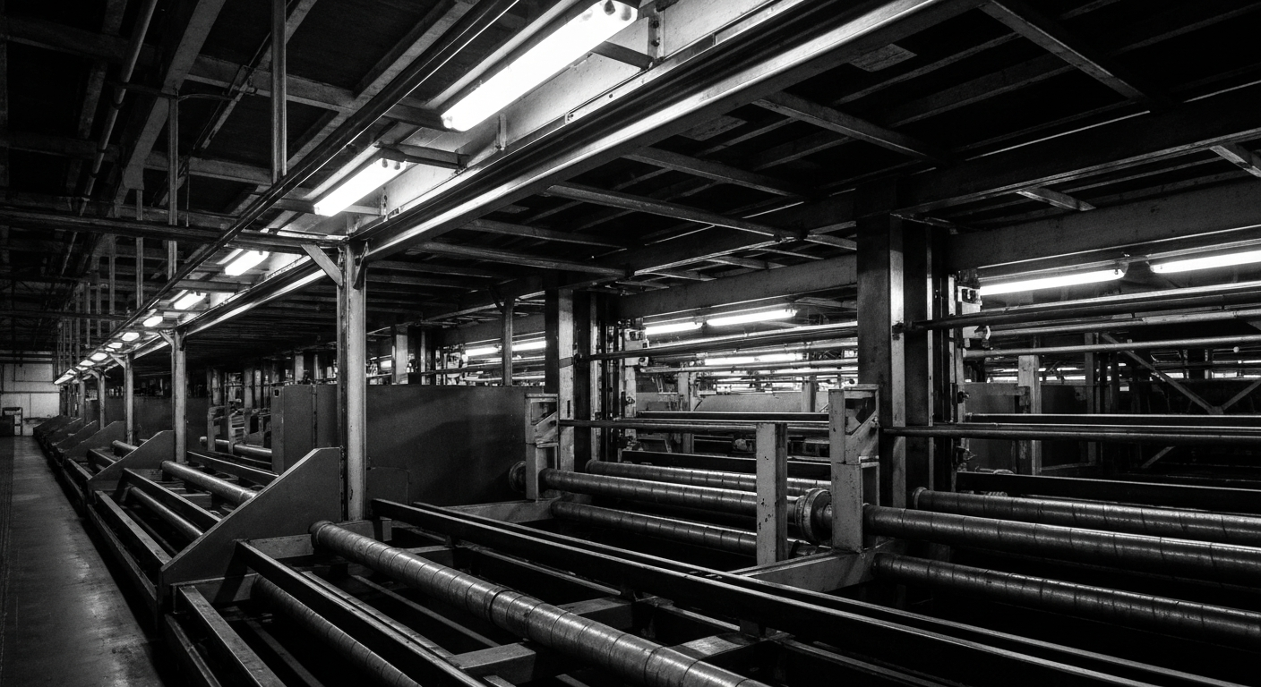 A high-contrast, black and white close-up image of the gears, motors, and other heavy industrial components that make up the internal workings of a modern mattress manufacturing facility, conveying a sense of the scale and complexity of the mattress production process.