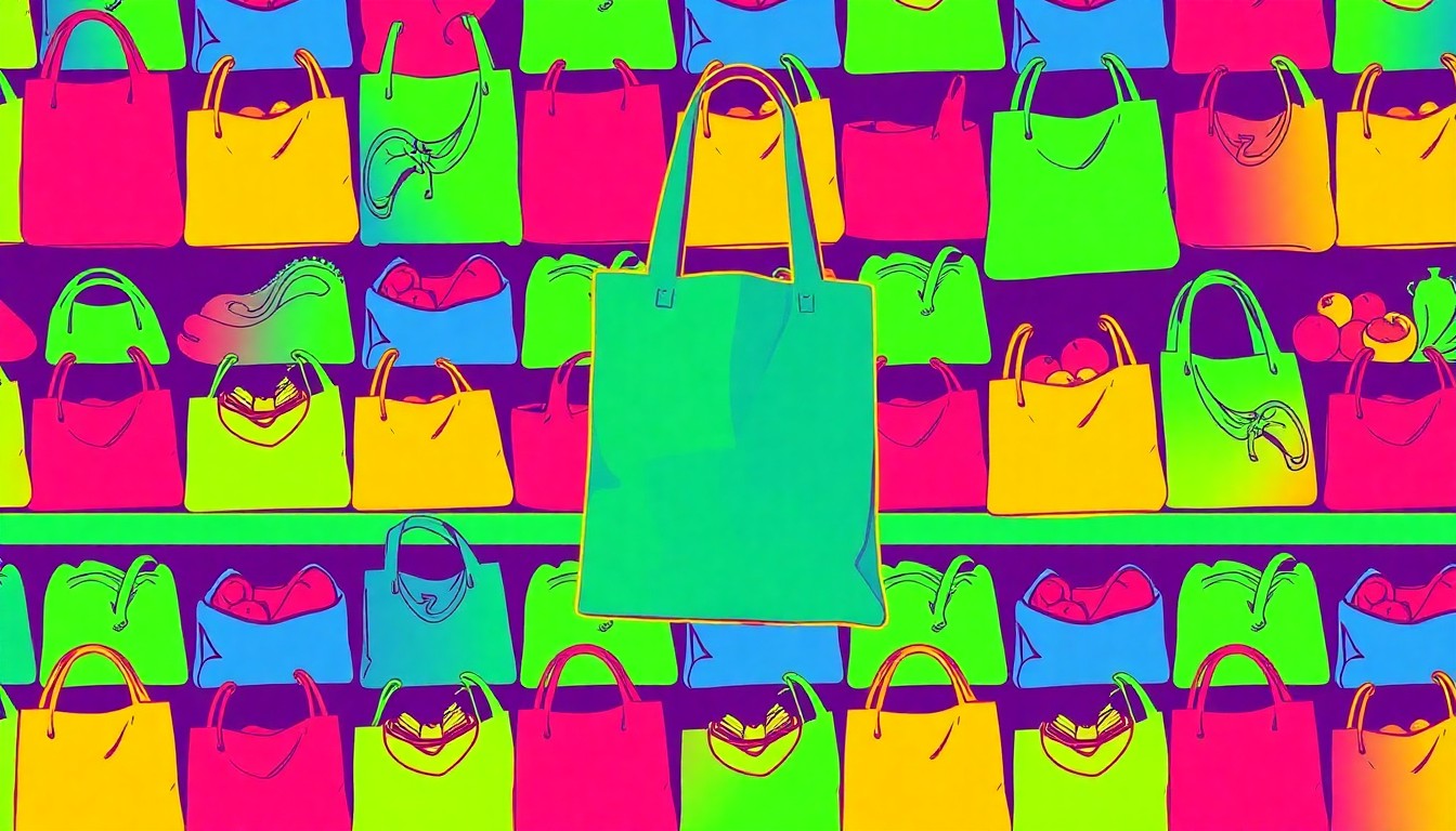 A highly stylized, pop art-inspired illustration featuring a repeating pattern of brightly colored, silkscreened grocery items like reusable bags, produce, and checkout counters, conveying the celebratory energy of a community-focused retail milestone.