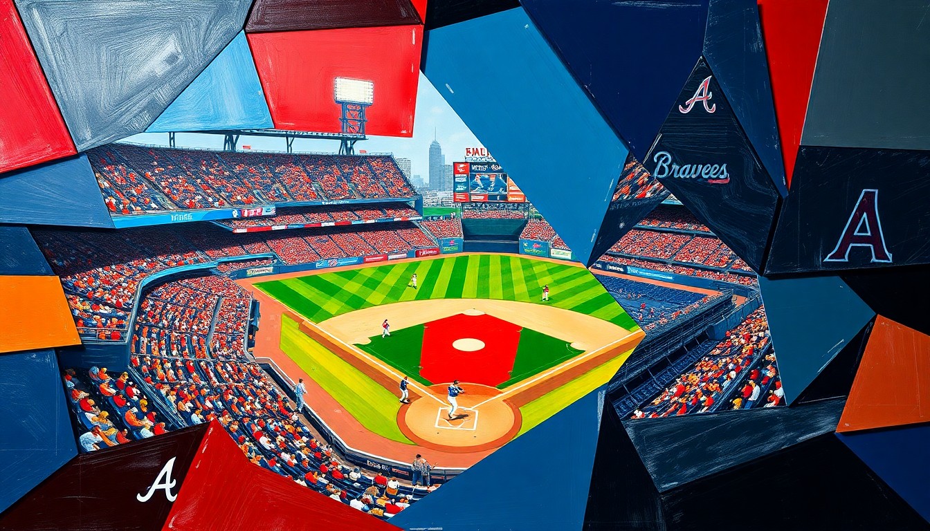 A cubist, geometric painting depicting a baseball game between the Philadelphia Phillies and Atlanta Braves, with sharp, overlapping planes of red, blue, and other vibrant colors representing the action on the field.