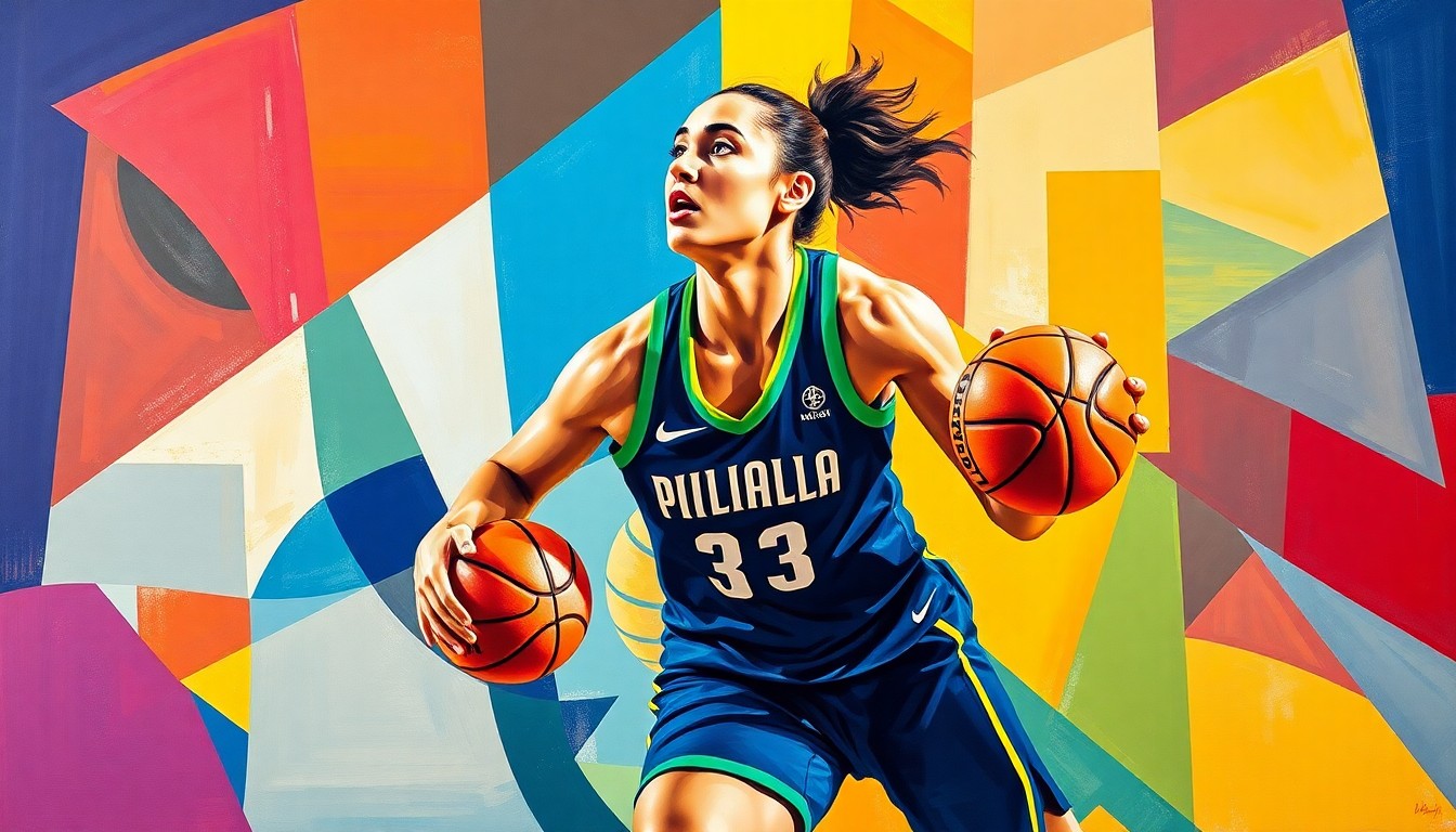 A cubist, geometric painting depicting a basketball player in motion, with sharp, overlapping planes of color representing the Indiana Fever's official team palette.