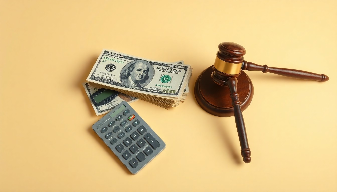 A photorealistic studio still life featuring a stack of U.S. dollar bills, a calculator, and a gavel on a clean, monochromatic background, conceptually representing the financial impact and legal resolution of the struck-down tariffs.