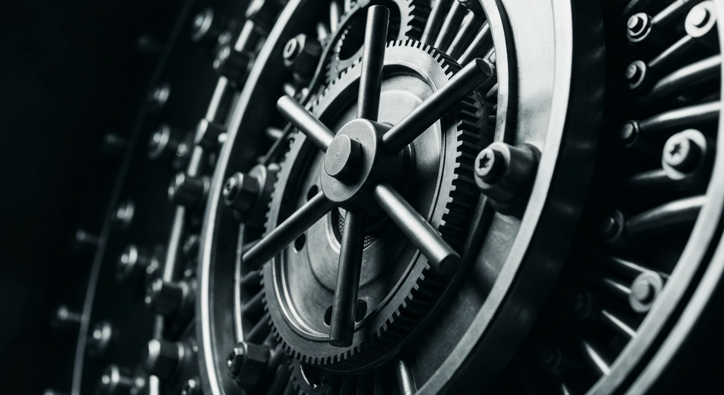 An extreme close-up of heavy, industrial banking machinery and mechanisms, rendered in high contrast black and white, conveying a sense of the physical power and security of financial institutions.