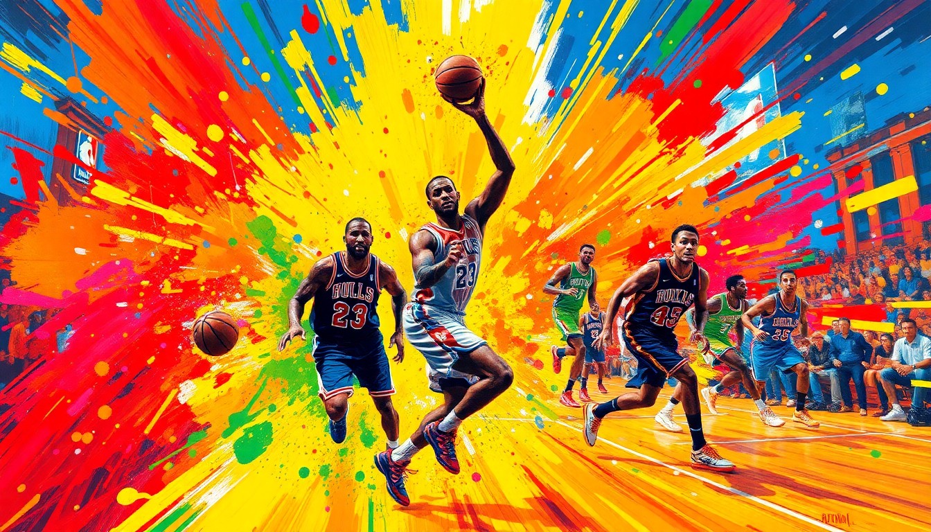 An abstract, energetic painting featuring bold, neon-colored brushstrokes that capture the fast-paced movement and intensity of an NBA playoff basketball game, with players' forms blending into the vibrant, expressive composition.