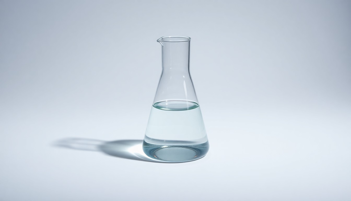 A photorealistic studio still-life image of a polished glass beaker filled with a clear liquid, resting on a clean, monochromatic background and illuminated by dramatic studio lighting, conceptually representing the technical and complex nature of PFAS remediation.