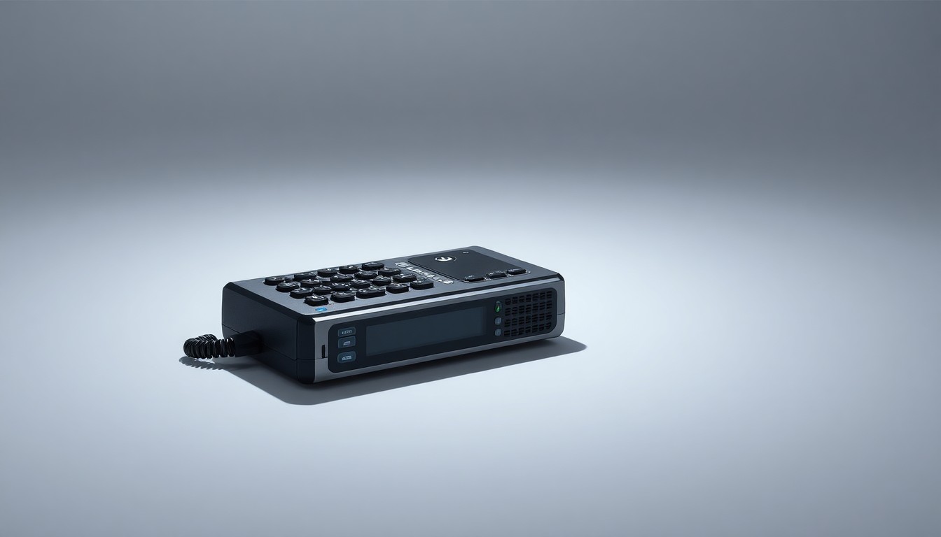 A photorealistic studio still-life image of a sleek, modern radio communications device made of polished metal and glass, resting on a clean, monochromatic background and illuminated by dramatic studio lighting, conceptually representing Motorola Solutions' market leadership and reliable revenue streams.
