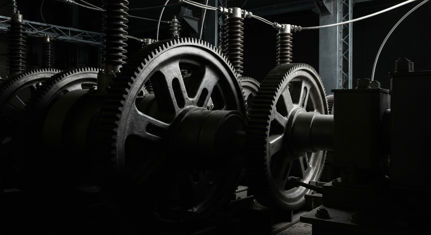 A cinematic close-up of the complex inner workings of an electrical substation, with heavy machinery and components dramatically lit to convey the industrial power and institutional security of the energy sector.