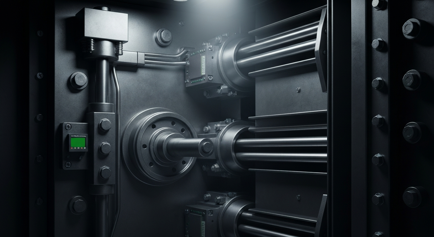 An extreme close-up of the intricate gears, levers, and metal components that make up the inner workings of a bank vault, conveying a sense of financial security and the safe storage of valuable assets.