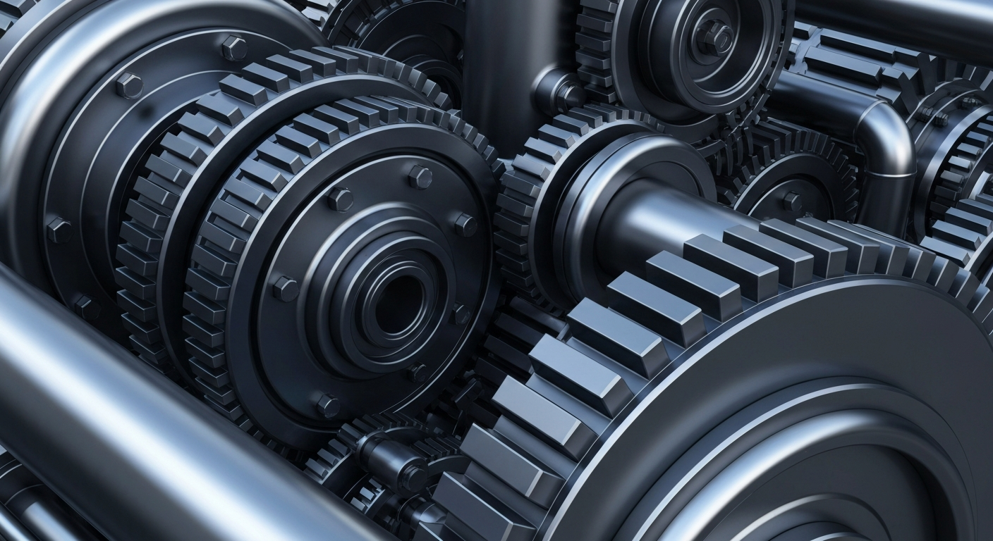 An extreme close-up of the heavy, industrial machinery and equipment used in oil refining, conveying a sense of the scale and technical complexity of the energy industry.