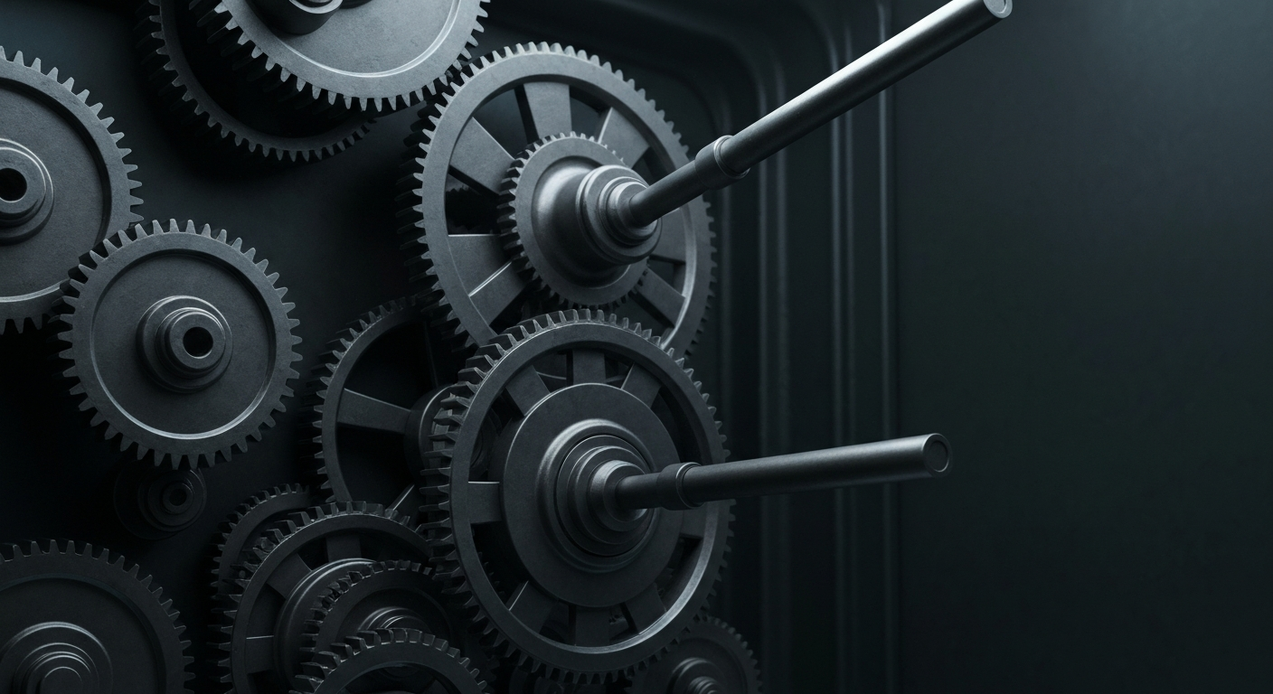 An extreme close-up of a complex arrangement of industrial gears and levers, conveying the intricate financial mechanisms behind institutional investment decisions without using any text or identifiable elements.