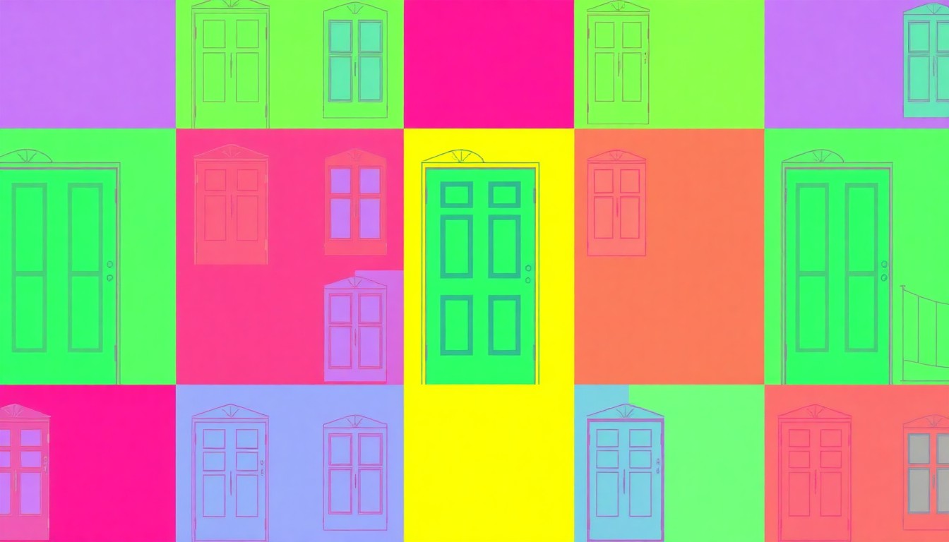 A brightly colored, high-contrast silkscreen print of a single, iconic cottage window repeated in a tight grid pattern, conceptually representing the accessible and community-focused design of the new Friendship House Cottages.