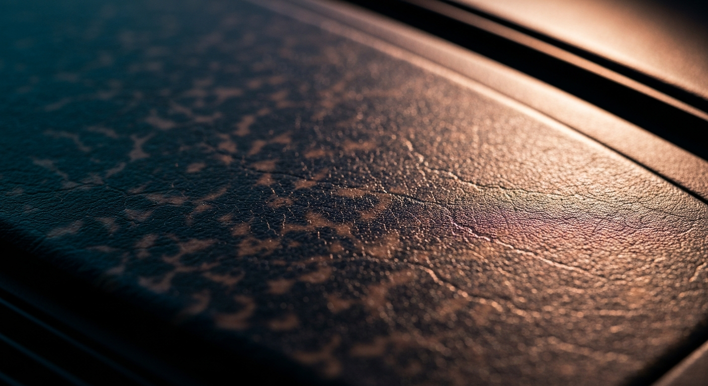 An extreme close-up of the pebbled leather and woven mesh materials that make up the dashboard of a car, with the rich colors and patterns reflecting the light in a dramatic, almost abstract way, conceptually representing the complexity of the financial technology that enables n0osclendmarksc payments.