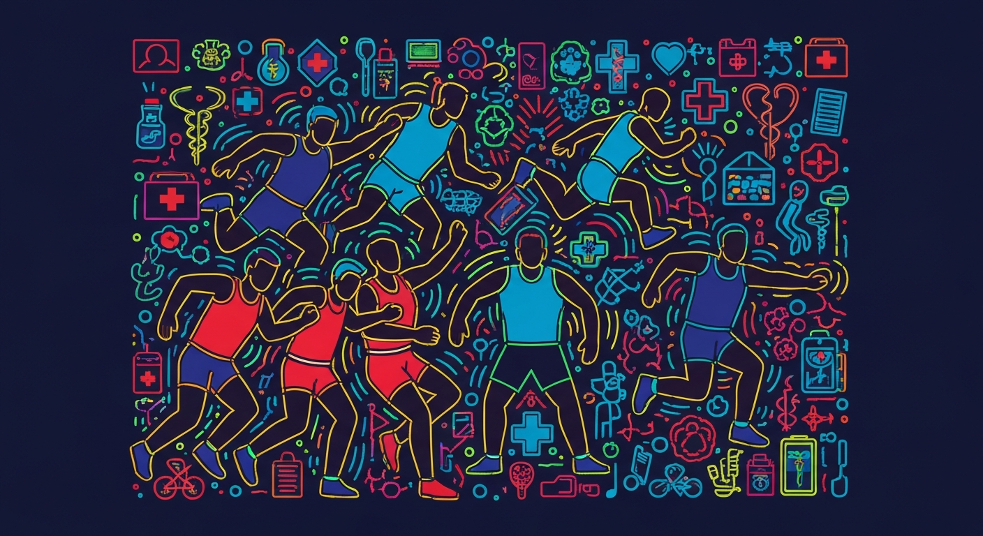 A minimalist, neon-outlined illustration showing a group of athletes in motion, with glowing medical symbols and icons surrounding them, representing the city's sports teams' efforts to raise awareness about diseases and promote community health.