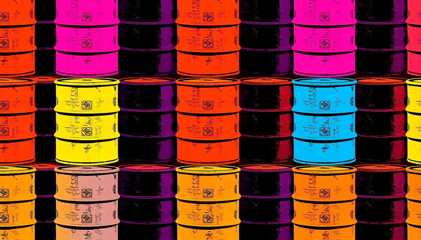 A brightly colored, high-contrast silkscreen print of a single, iconic orange road construction barrel repeated in a tight grid pattern, conceptually representing the upcoming road work in the Utica region.