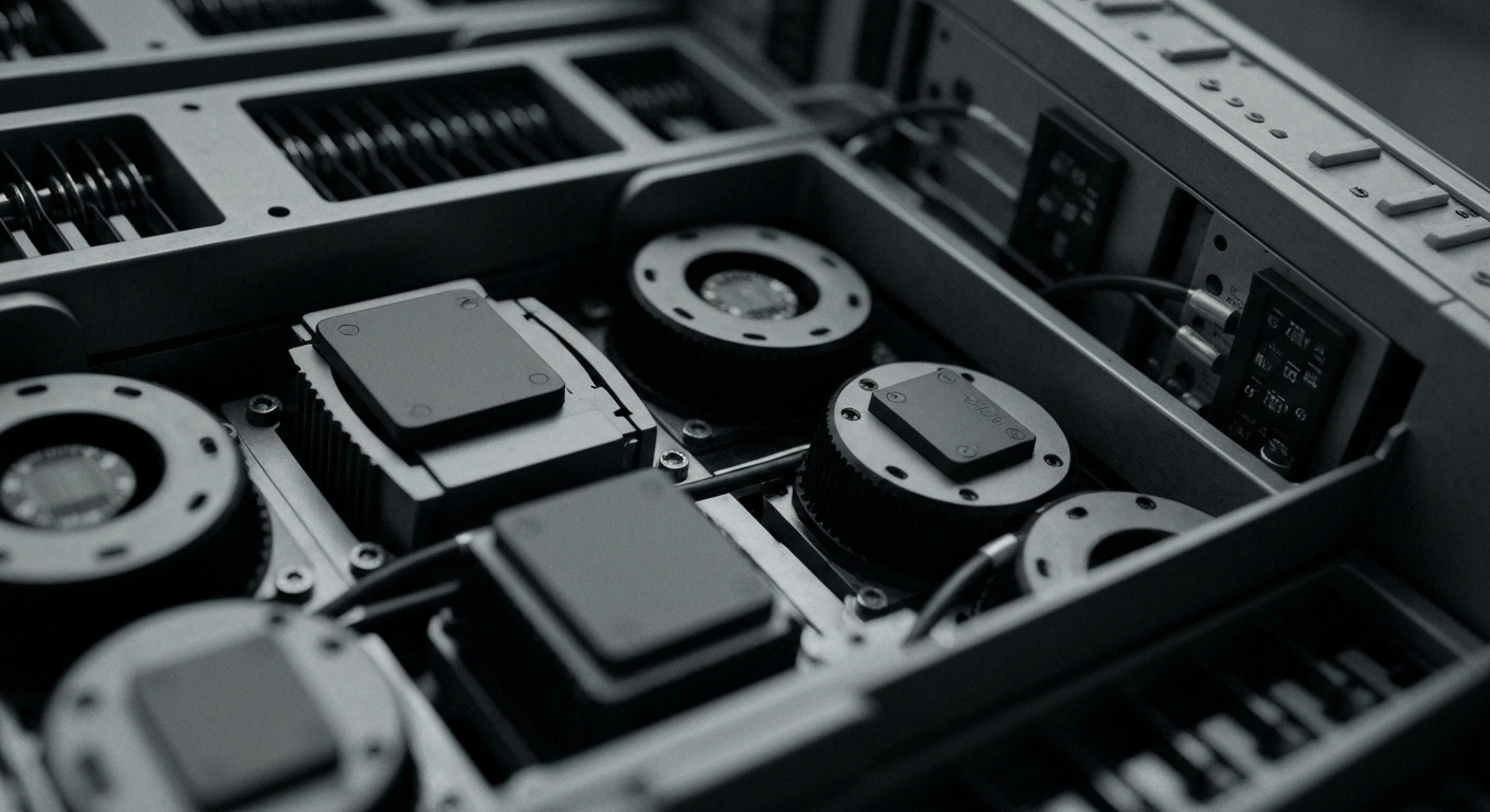 An extreme close-up of the internal gears, circuits, and hardware components of a modern stock trading platform, rendered in high-contrast black and white tones to convey a sense of the complex financial machinery underlying retail investing.