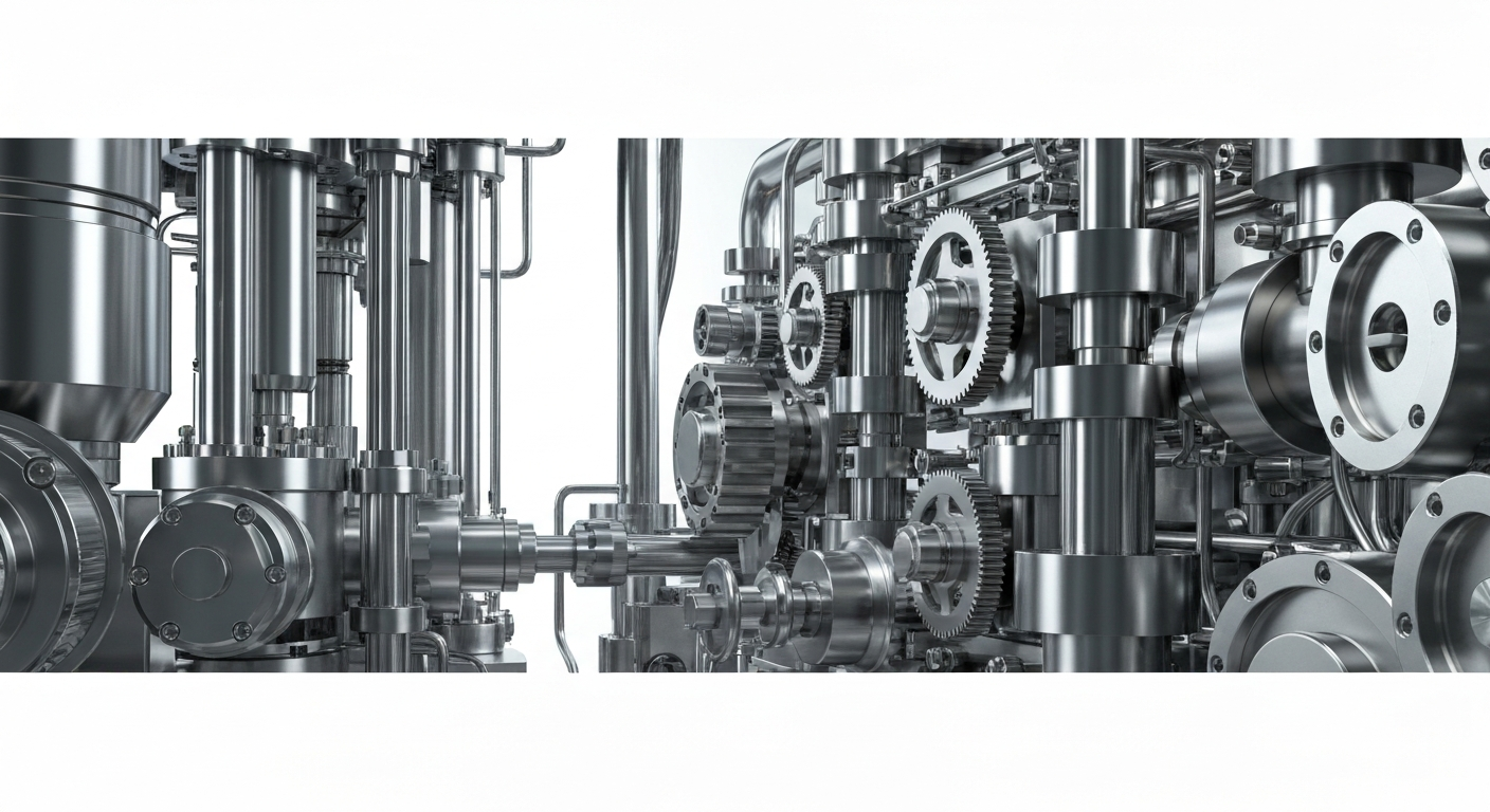 An extreme close-up of complex pharmaceutical manufacturing equipment, gears, and mechanical components in shades of silver, steel, and chrome, conceptually representing the advanced science and technology behind Regeneron's drug development.