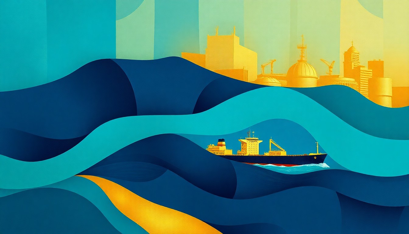A fractured, abstract painting of an oil tanker ship in overlapping geometric shapes and waves of navy blue, teal, and gold, conveying the disruption and uncertainty in global energy trade caused by the blockade of the Strait of Hormuz.