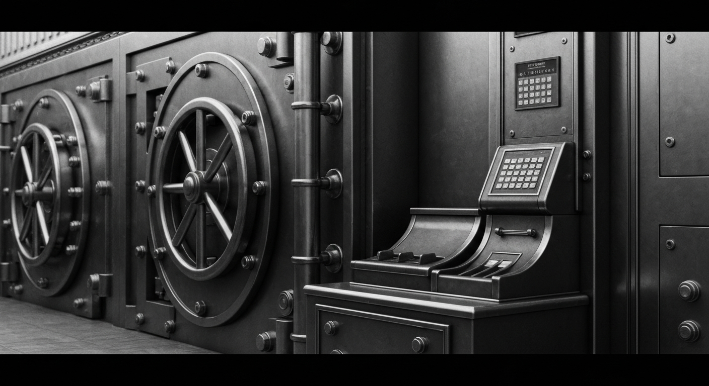 A high-contrast, cinematic close-up of heavy, polished banking machinery and equipment, such as vault doors and cash counters, conveying the tangible, industrial nature of the financial services industry.