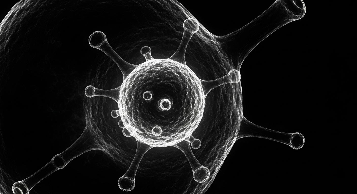 A highly detailed, translucent X-ray-style image showing the intricate molecular structure of a cancer cell, rendered in a ghostly, glowing outline against a dark background to conceptually represent the targeted mechanism of action of an investigational cancer therapy.