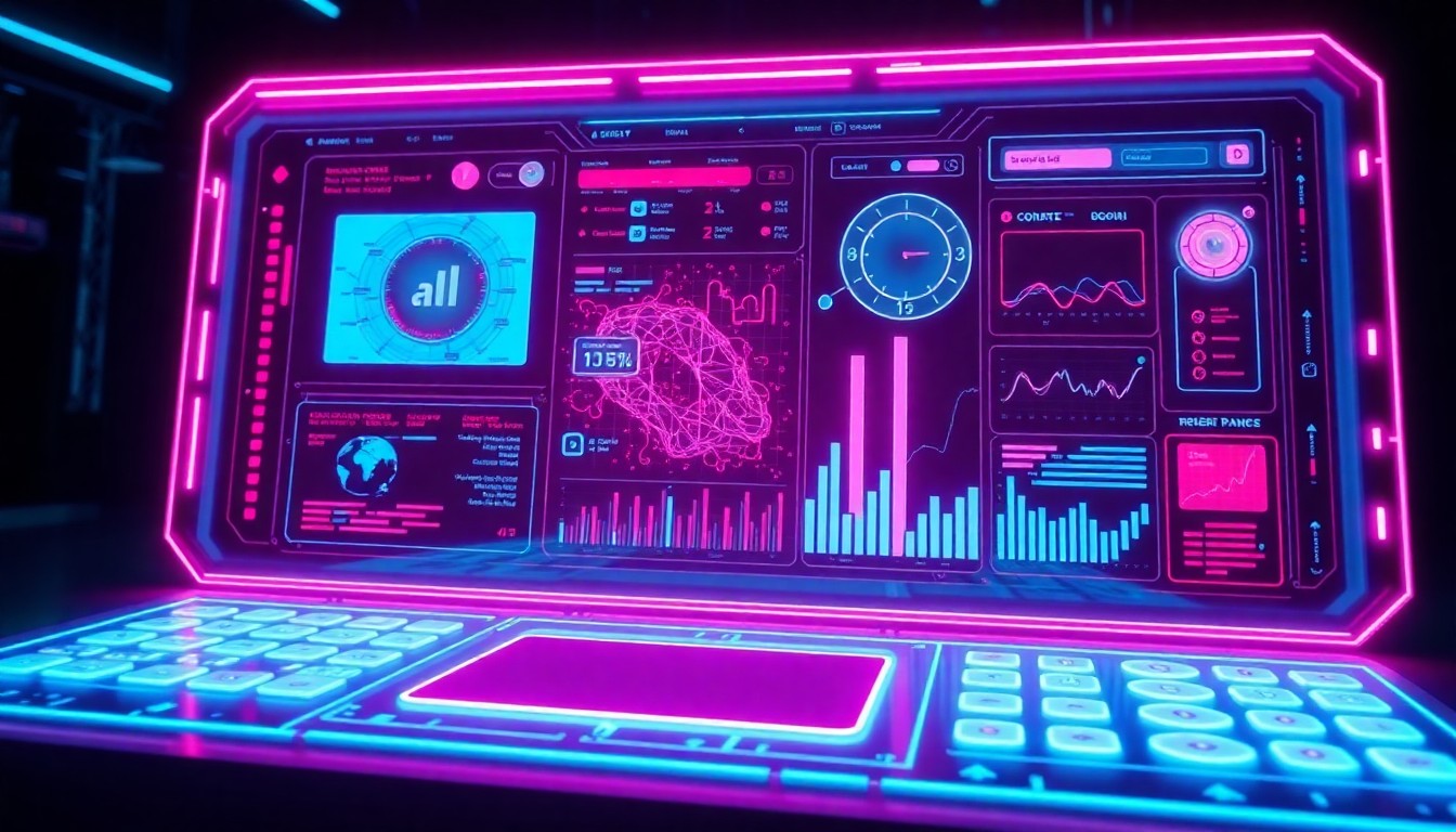 A highly detailed, glowing 3D illustration of a futuristic, neon-lit AI control panel or data visualization dashboard, representing the integration of design and AI technology.