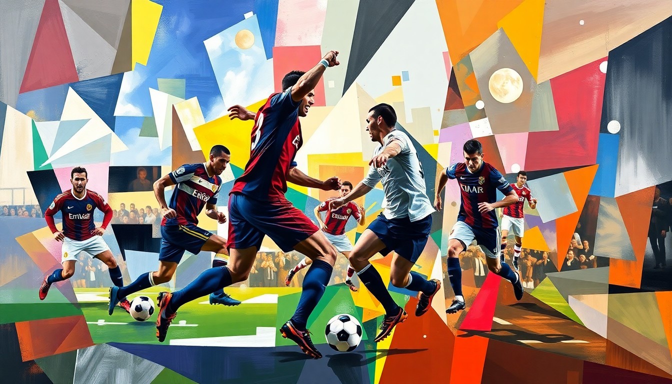 A cubist, geometric painting that breaks down a Premier League football match into sharp, overlapping planes of color and form, capturing the raw energy and tension of a high-stakes title race.