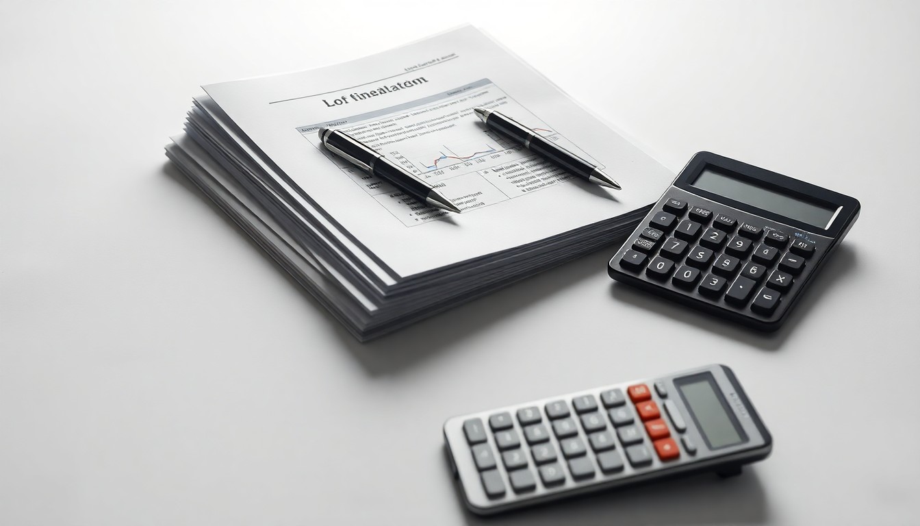 A minimalist studio still life photograph featuring a stack of financial documents, a pen, and a calculator arranged on a clean white background, conceptually representing the abstract corporate strategy and reporting issues faced by Celularity.